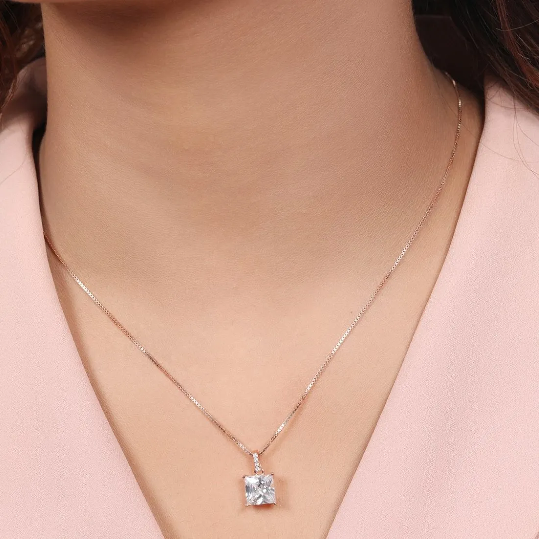 Modern Elegance Rose Gold-Plated 925 Sterling Silver Square Pendant with Chain