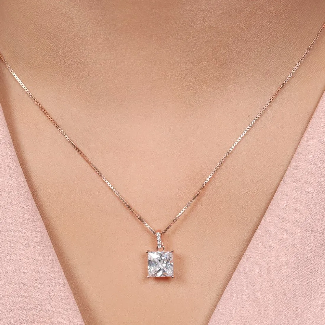 Modern Elegance Rose Gold-Plated 925 Sterling Silver Square Pendant with Chain