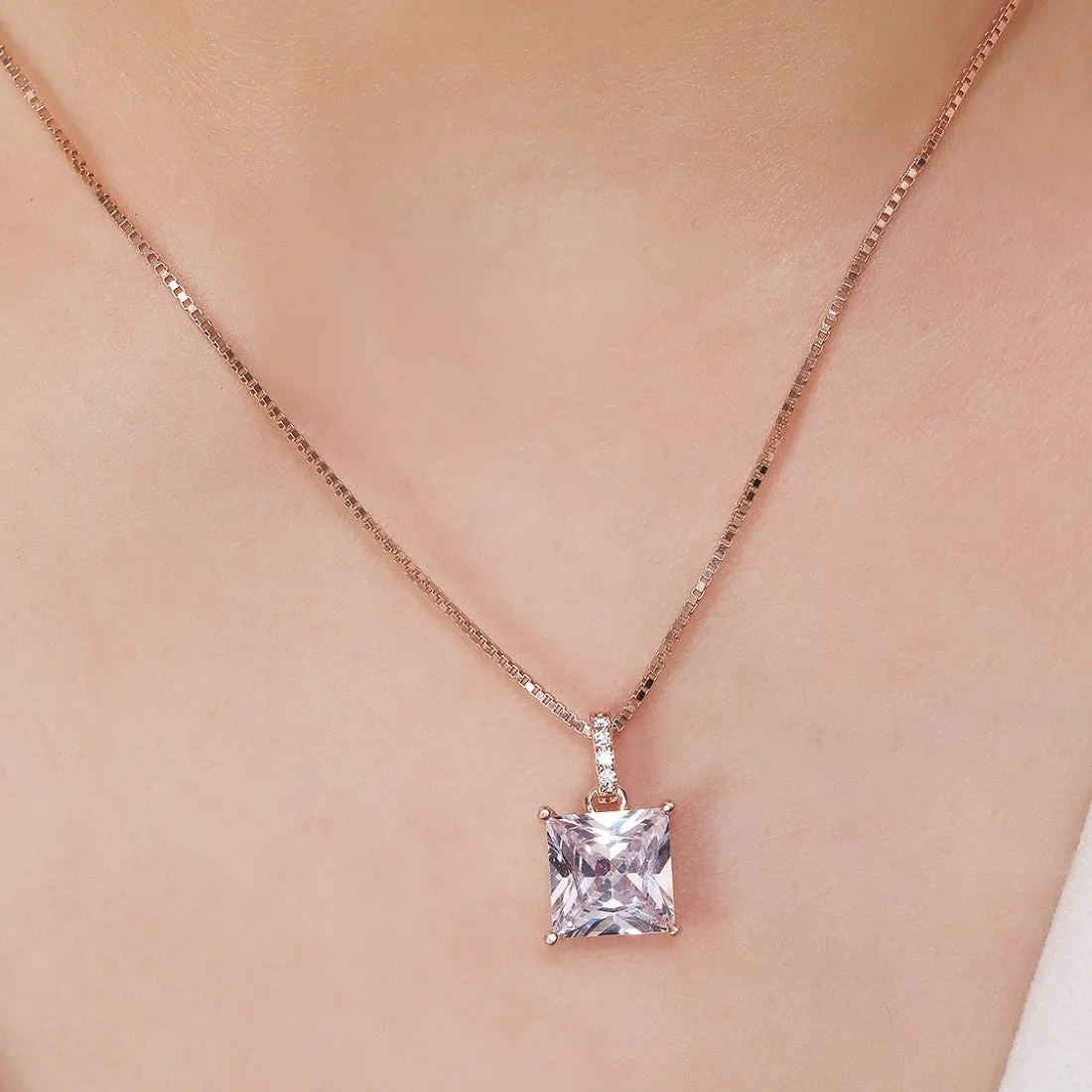 Modern Elegance Rose Gold-Plated 925 Sterling Silver Square Pendant with Chain