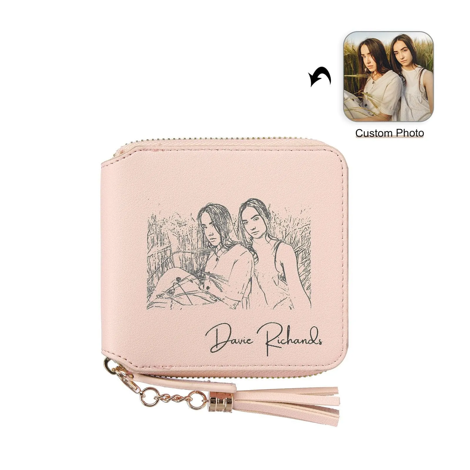 Personalized Women’s Wallet, Custom Photo Engraved PU Leather with Zipper and Tassel