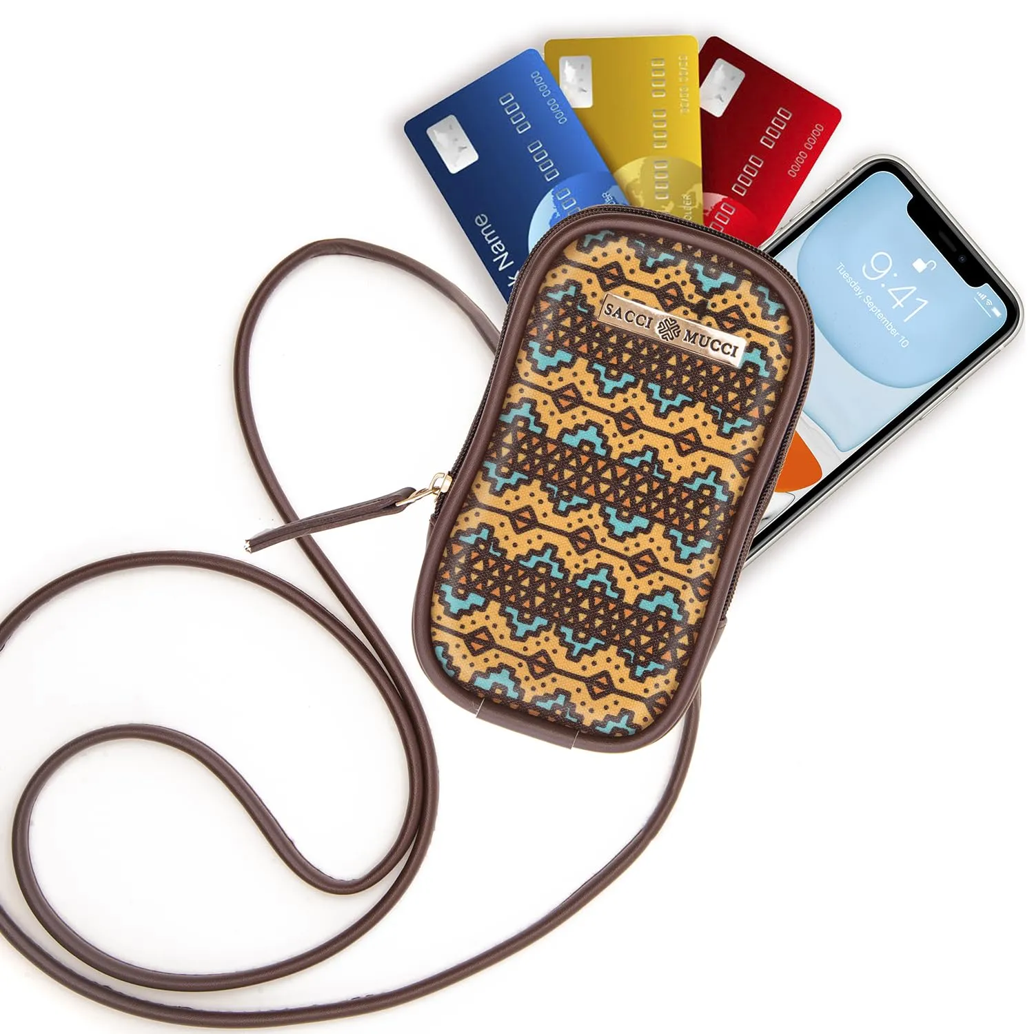 SACCI MUCCI Phone Pouch, Mobile Bag, Women's Wallet Sling Crossbody Bag for Mobile Cell Phone, Crossbody Phone Bag -EthnicTraditional Print (Brown)