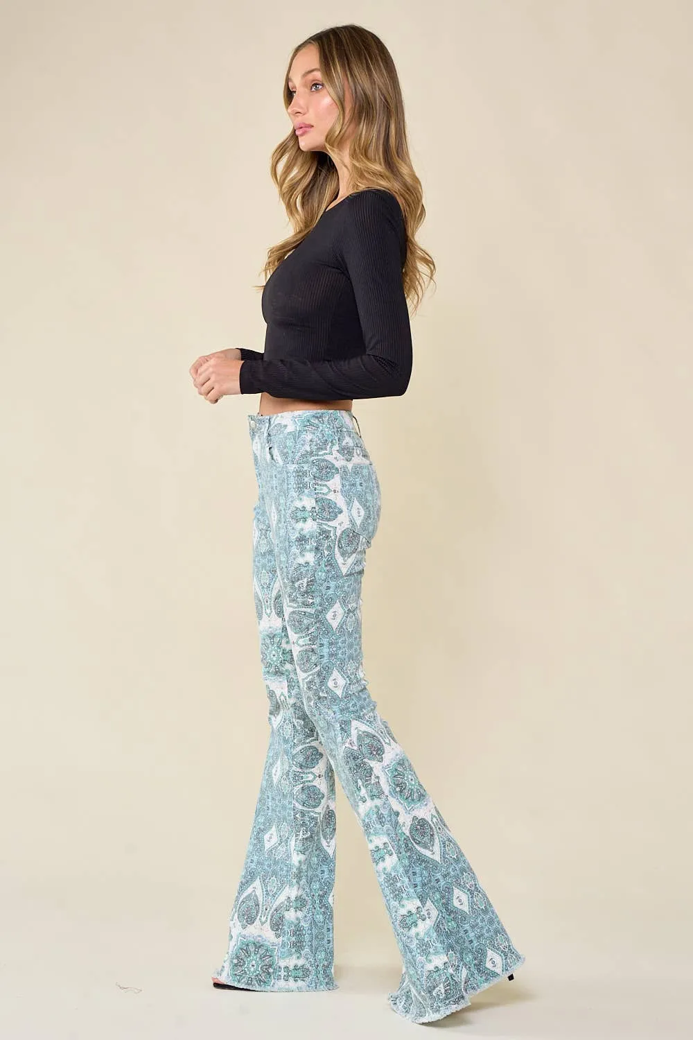 Saints & Hearts AQUA WESTERN PAISLEY PRINT FLARE JEANS