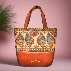 Shankh Madhubani Mini Tote with Sling - Tan Brown