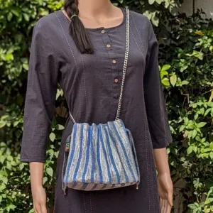 Shimmery Silver Blue Striped Upcycled Handwoven Potli Sling (PS1224-004) PS_W