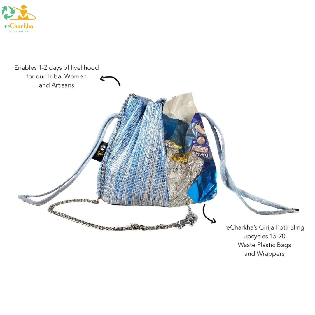 Shimmery Silver Blue Striped Upcycled Handwoven Potli Sling (PS1224-004) PS_W