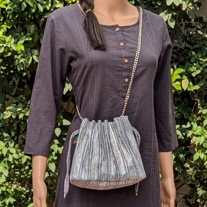 Shimmery Silver Blue Striped Upcycled Handwoven Potli Sling (PS1224-005) PS_W