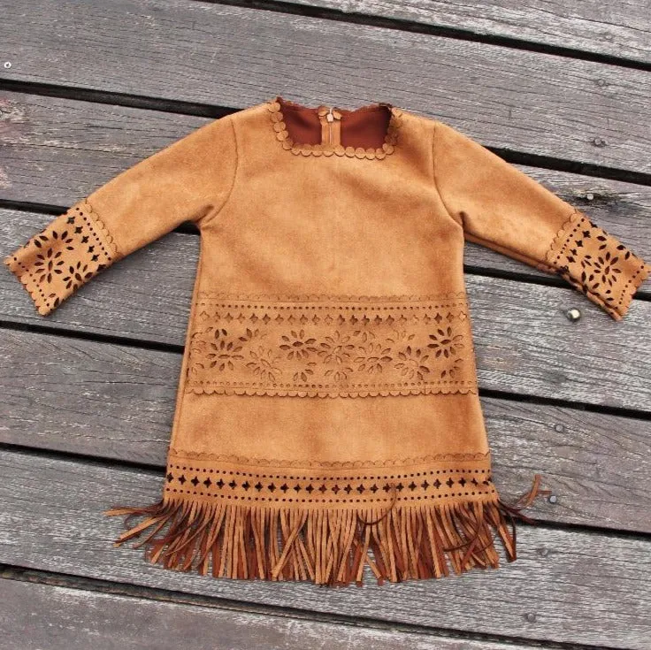 Suede Bohemian Fringe Long Sleeve Dress