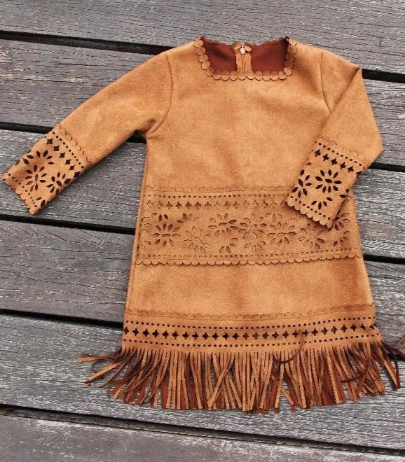 Suede Bohemian Fringe Long Sleeve Dress