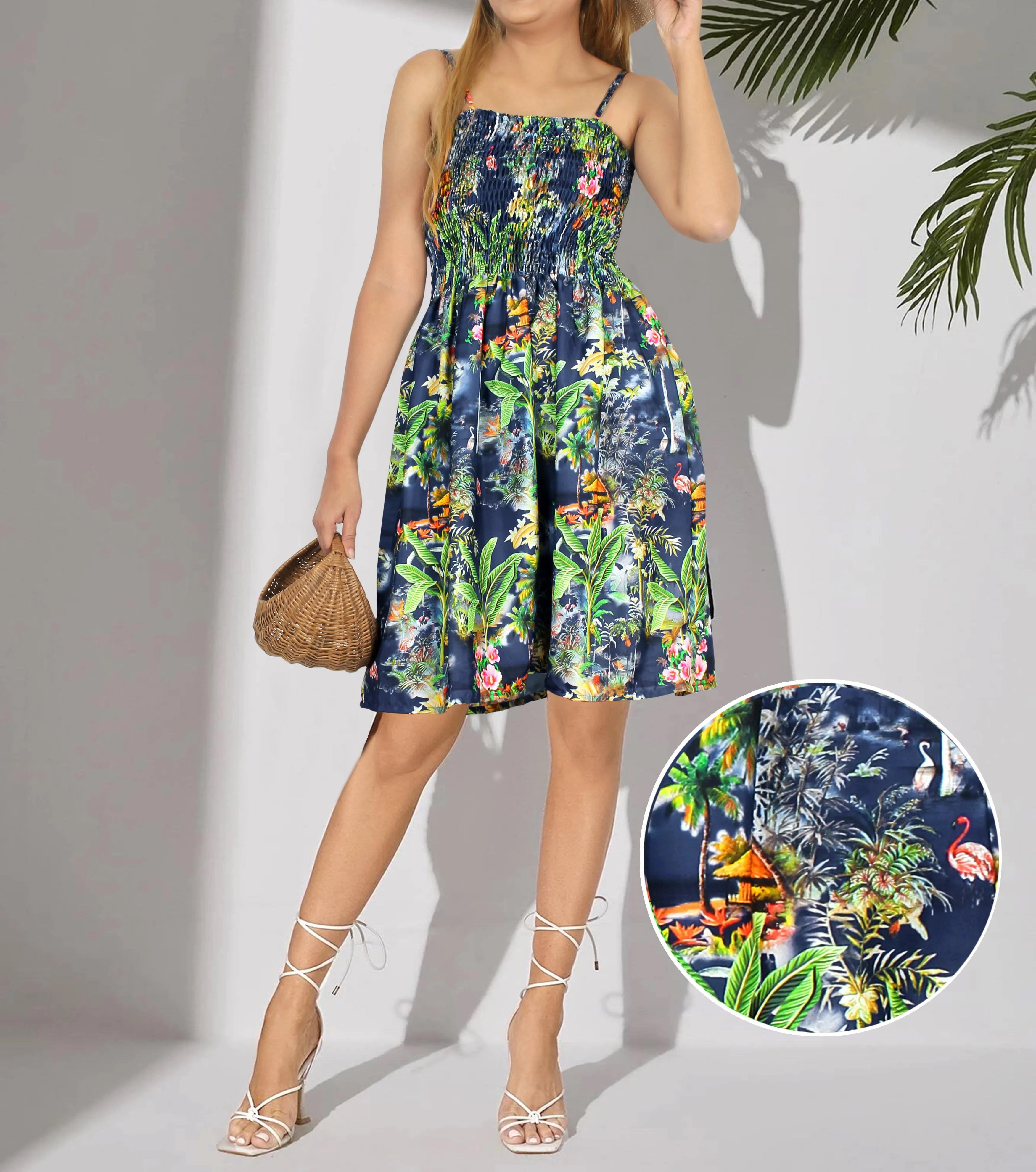 Tropical Palm Trees Flamingo and Floral Printed Short Dress For Women