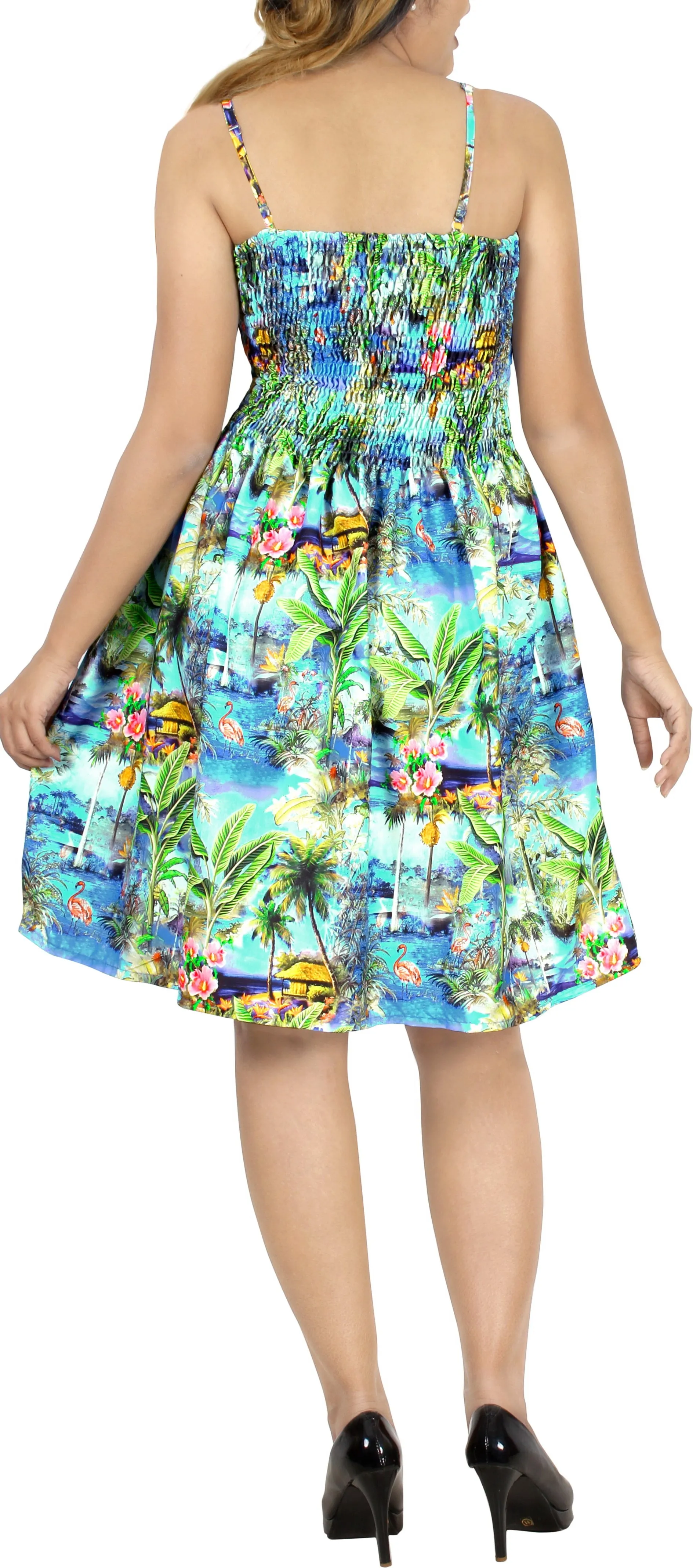 Tropical Palm Trees Flamingo and Floral Printed Short Dress For Women