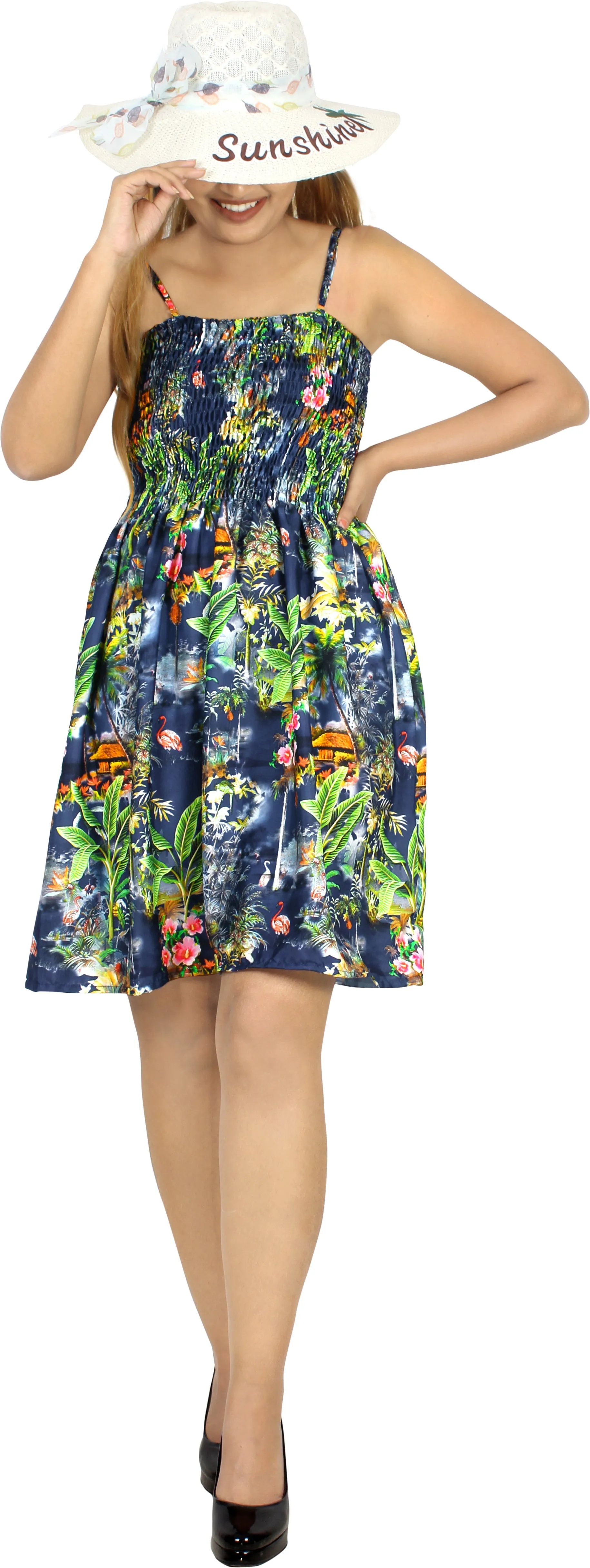 Tropical Palm Trees Flamingo and Floral Printed Short Dress For Women