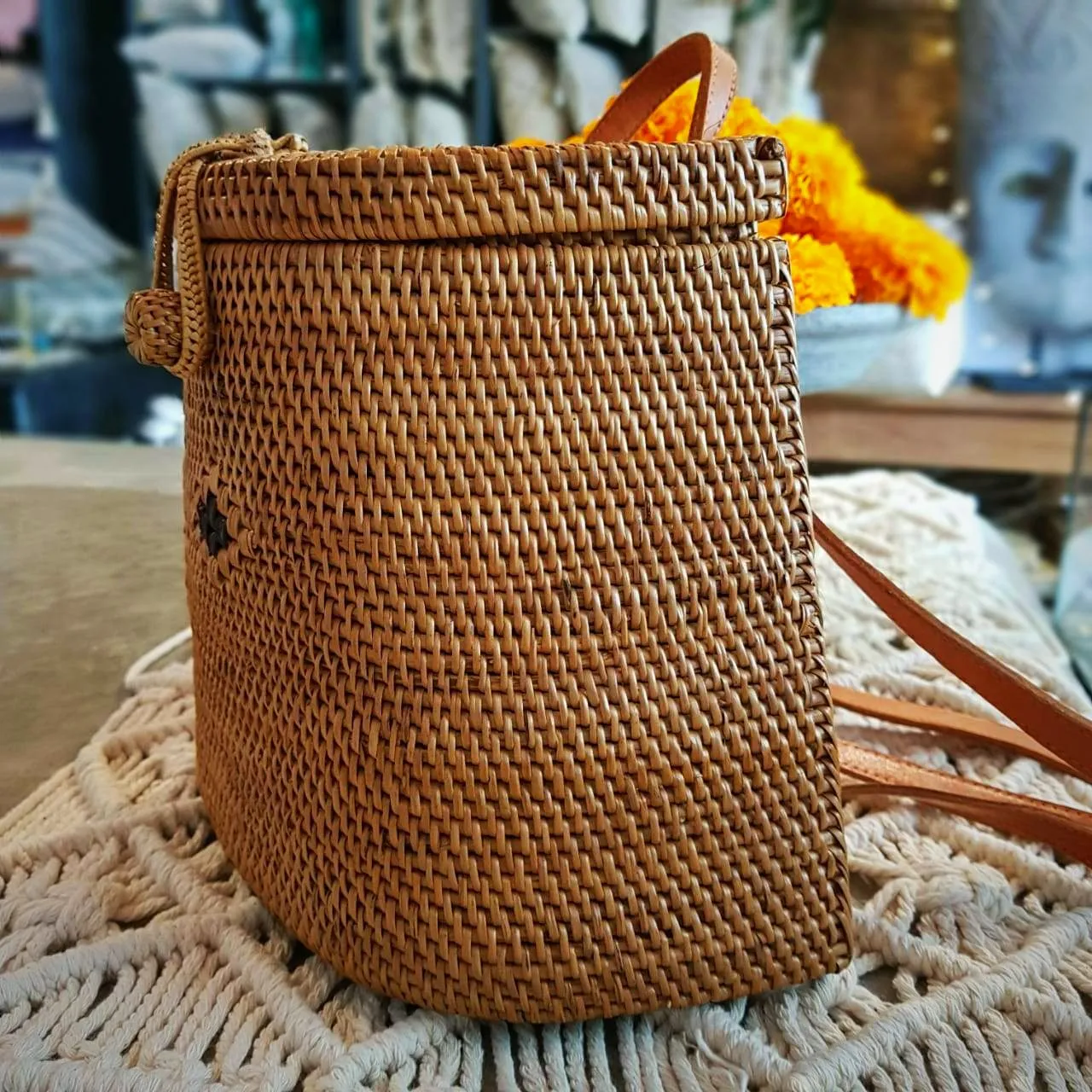 Woven Natural Rattan Basket Style Back Pack With Leather Straps